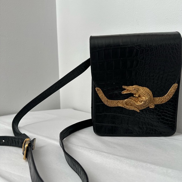 Vintage Black Purse Leather Alligator Skin Embossed Crossbody Shoulder Gold - Picture 3 of 13